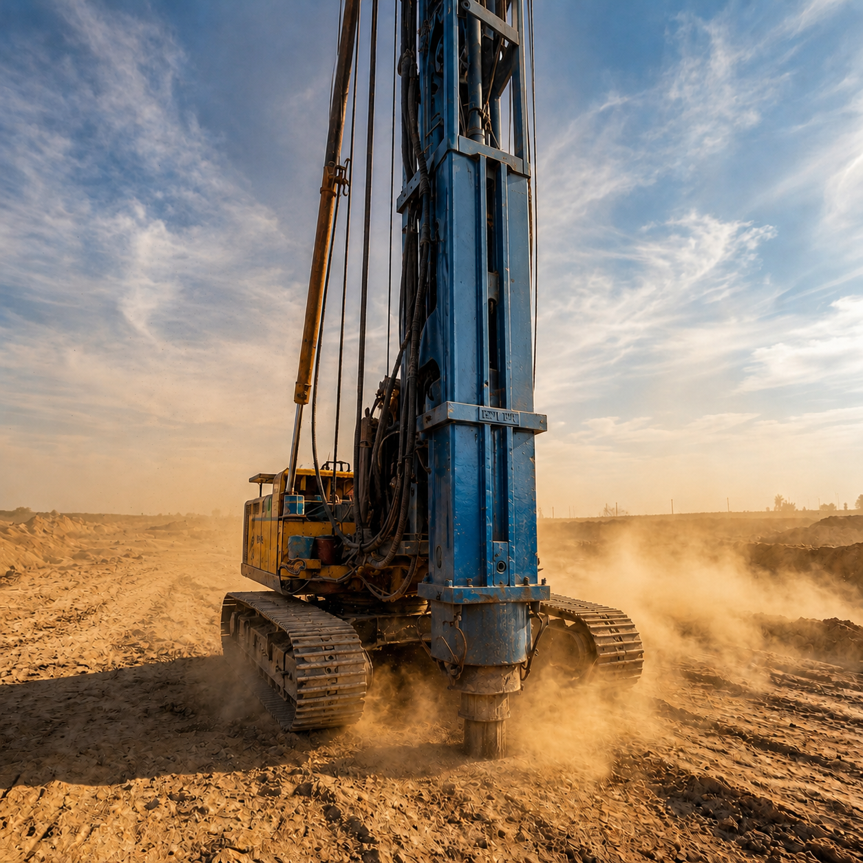 Piling rig operating on a dusty foundation construction site