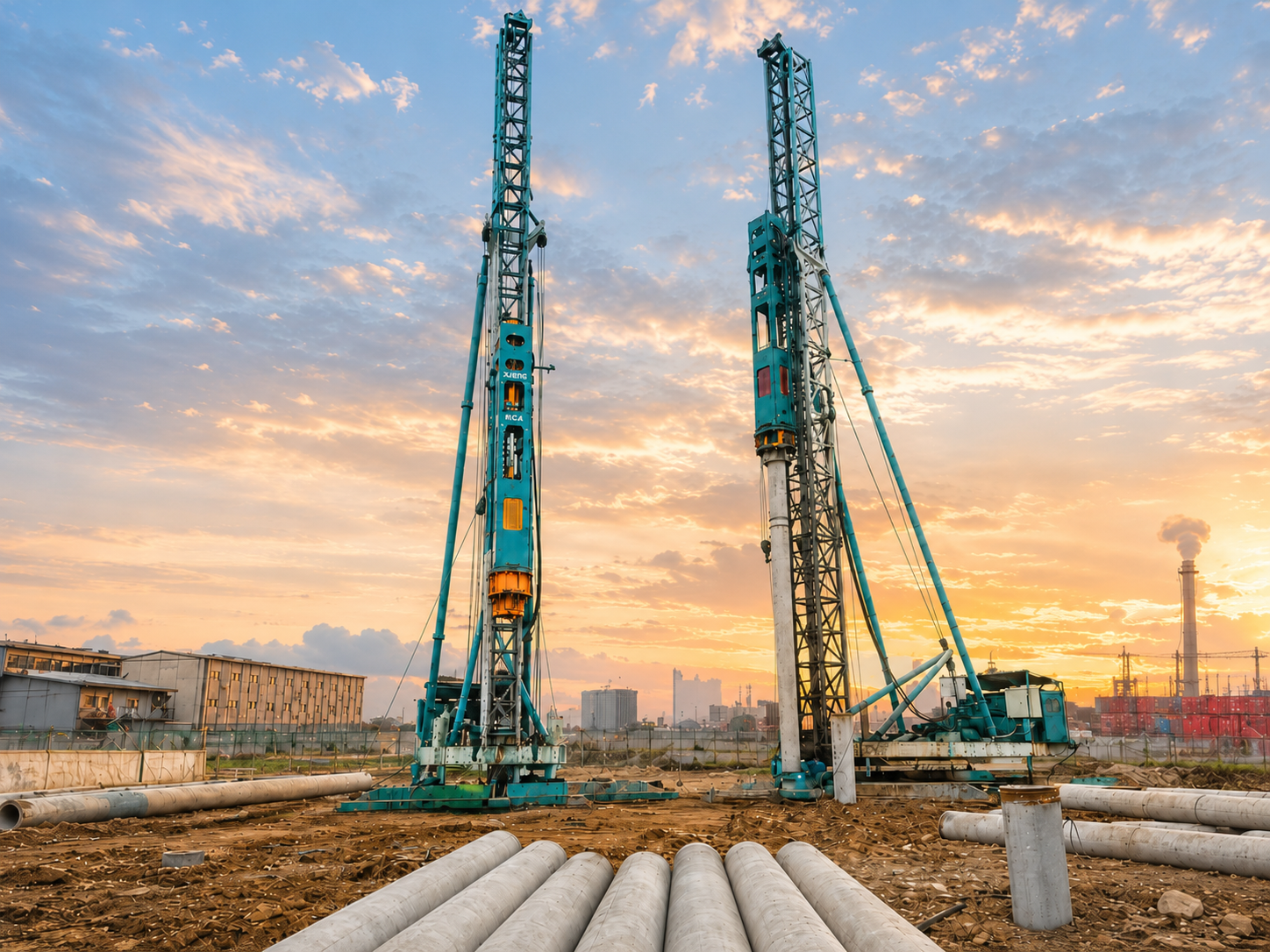 Two piling rigs operating at a foundation construction site