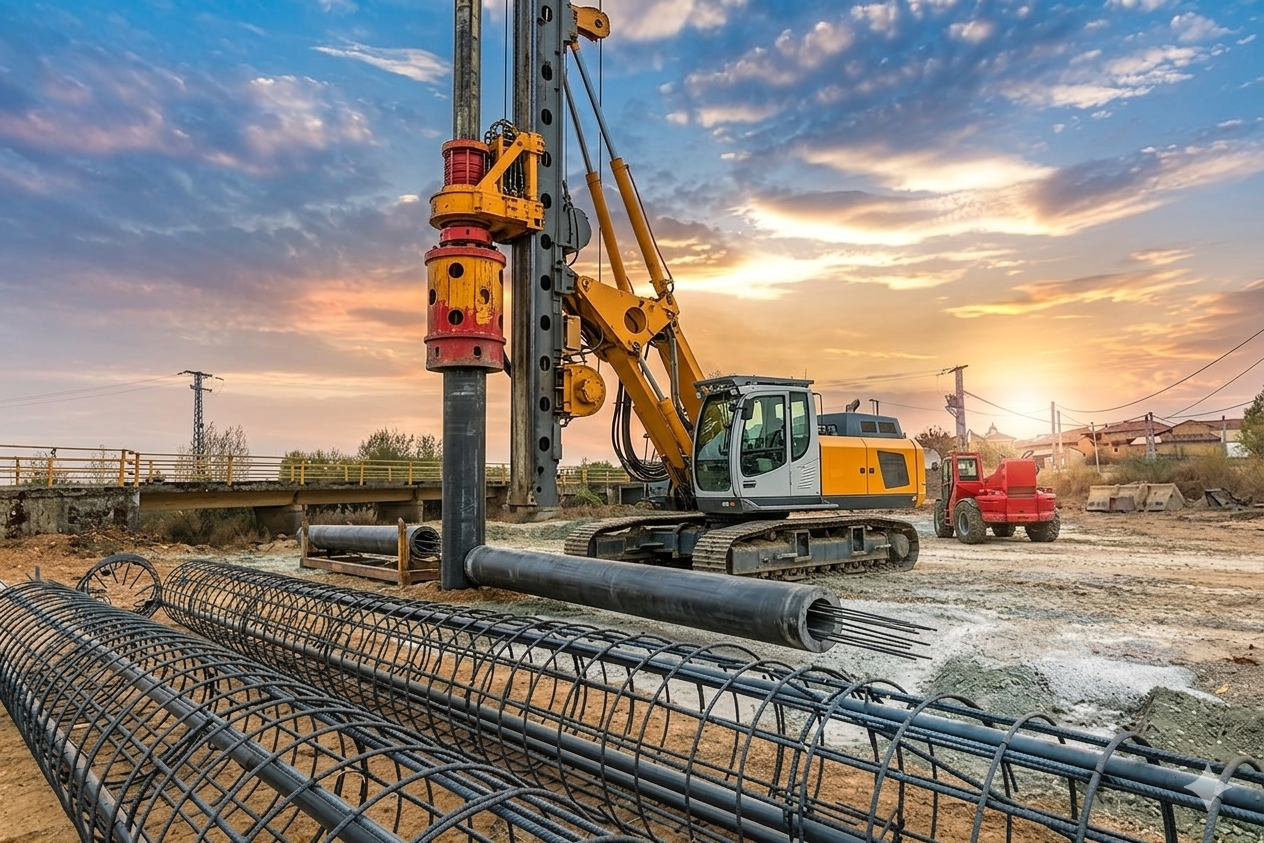 Spun pile rig operating at a piling construction site